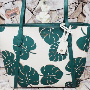 #bagsavenue fast ship Cara Monstera Leaves Large Tote Cream Green Kate Spade